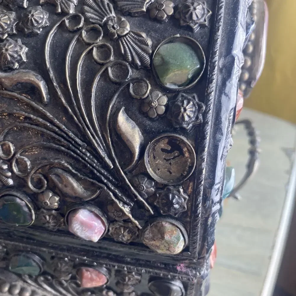 Vintage Moroccan Indian Wedding Jewelry Chest Box Dome Top Mixed Stones
